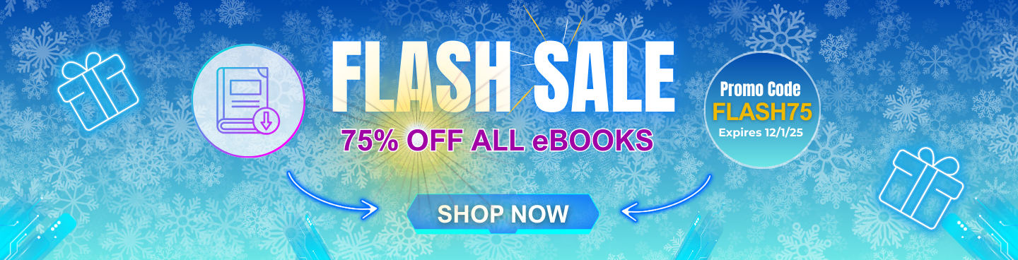Blue banner with snowflakes announcing a flash sale on December 1. 75% off all eBooks.