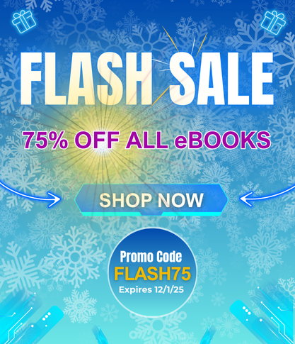 Blue banner with snowflakes announcing a flash sale on December 1. 75% off all eBooks.
