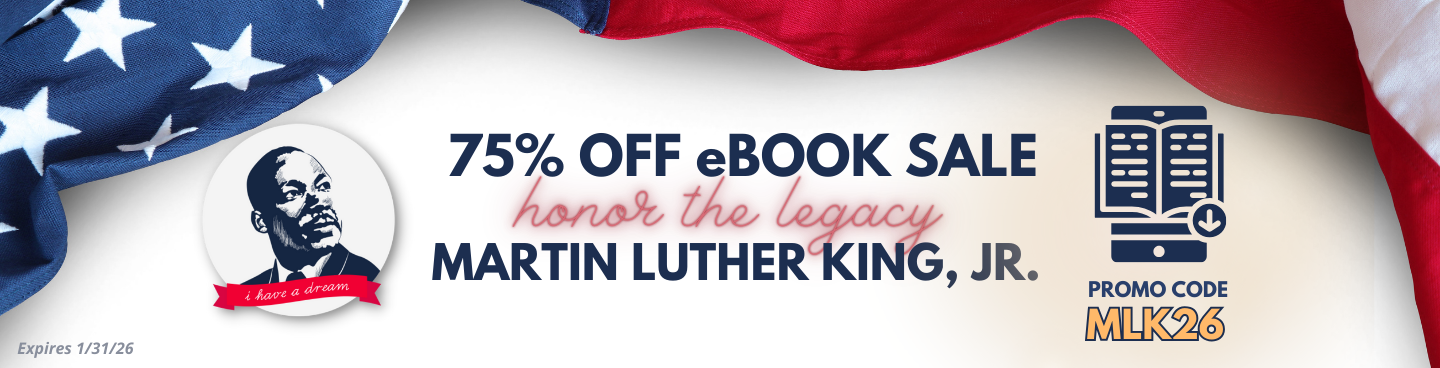 Flag and photo of Martin Luther King Jr. Text reads 75% off eBook sale. Expires January 31 2026.