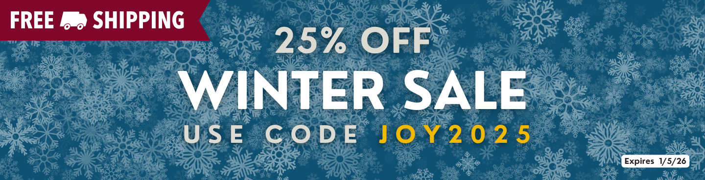Blue banner with white snowflakes. 25% off and free shipping during the Winter Sale. Use code JOY25. Expires 1/5/26.